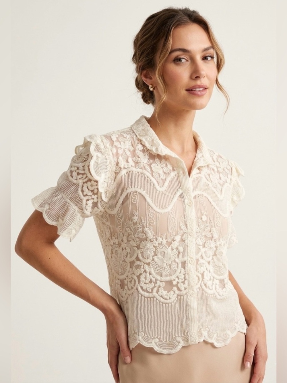 Liv Los Angeles Top Womens Large Lace Sheer Blouse Victorian Edwardian Feminine